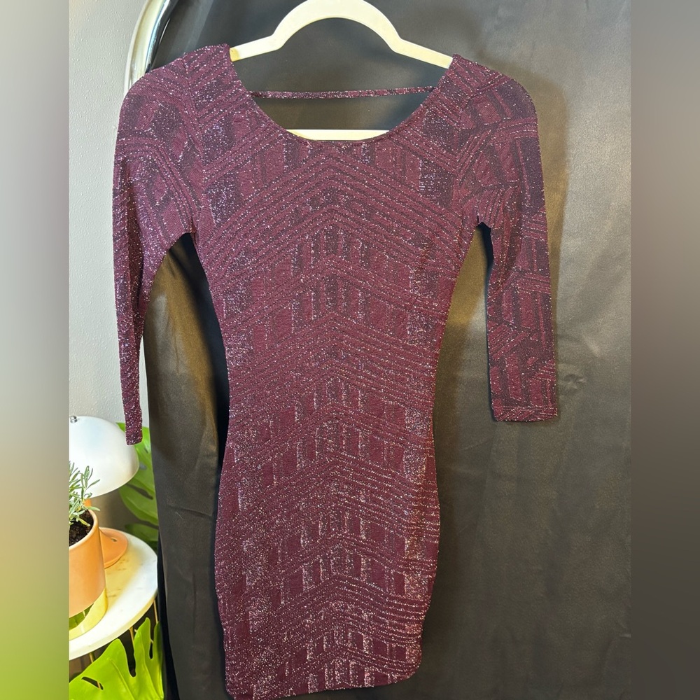 Charlotte Russe Sparkly Maroon 3/4 Sleeve Cocktail Holiday Stretch Dress Size XS